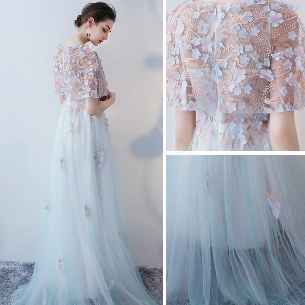 Élégant Été Bleu Robe De Soirée 2018 Princesse Appliques Paillettes Encolure Dégagée Manches Courtes Longue Robe De Ceremonie