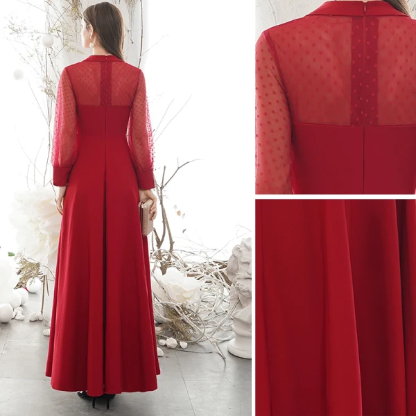 Modest / Simple Burgundy Evening Dresses 2020 A-Line / Princess Deep V-Neck Spotted Long Sleeve Floor-Length / Long Formal Dresses
