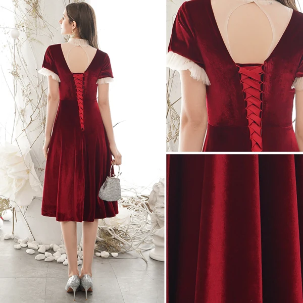 Classy Burgundy Homecoming Graduation Dresses 2020 A-Line / Princess Suede High Neck Beading Rhinestone Short Sleeve Backless Knee-Length Formal Dresses