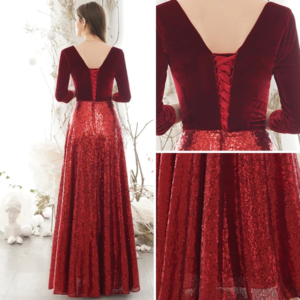 Sparkly Burgundy Winter Evening Dresses 2020 A-Line / Princess Suede V-Neck Sequins 3/4 Sleeve Backless Floor-Length / Long Formal Dresses