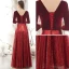 Sparkly Burgundy Winter Evening Dresses  2020 A-Line / Princess Suede V-Neck Sequins 3/4 Sleeve Backless Floor-Length / Long Formal Dresses