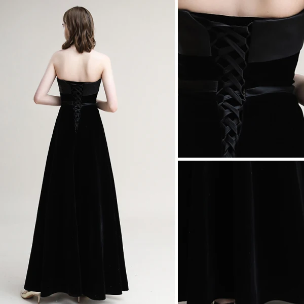 Modest / Simple Black Evening Dresses  2020 A-Line / Princess Suede Strapless Sleeveless Backless Floor-Length / Long Formal Dresses