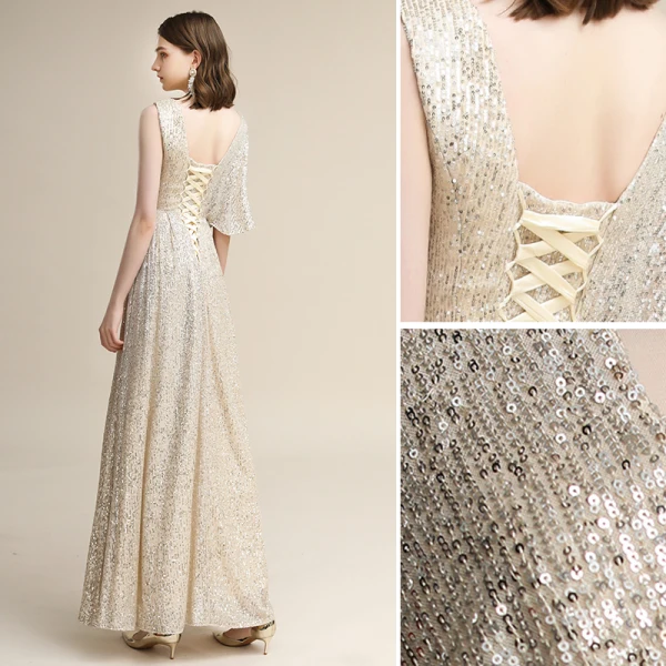 Scintillantes Champagne Paillettes Robe De Soirée 2020 Princesse V-Cou Manches Courtes Dos Nu Longue Robe De Ceremonie