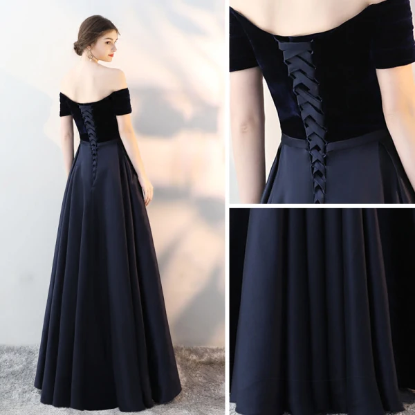 Modest / Simple Navy Blue Evening Dresses 2018 A-Line / Princess Suede Off-The-Shoulder Backless Sleeveless Floor-Length / Long Formal Dresses