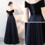 Modest / Simple Navy Blue Evening Dresses  2018 A-Line / Princess Suede Off-The-Shoulder Backless Sleeveless Floor-Length / Long Formal Dresses