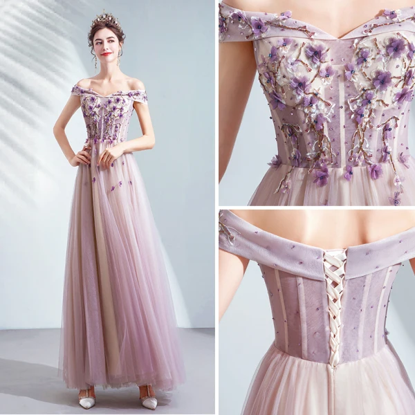 Chic / Beautiful Purple Prom Dresses 2020 A-Line / Princess Off-The-Shoulder Beading Crystal Appliques Lace Flower Sleeveless Backless Floor-Length / Long Formal Dresses