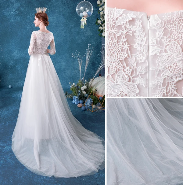 Affordable Ivory Wedding Dresses 2020 A-Line / Princess V-Neck Lace Flower 3/4 Sleeve Court Train