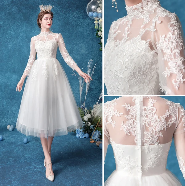 Erschwinglich Ivory / Creme Brautkleider / Hochzeitskleider 2020 A Linie Stehkragen Perle Spitze Blumen 3/4 Ärmel Wadenlang