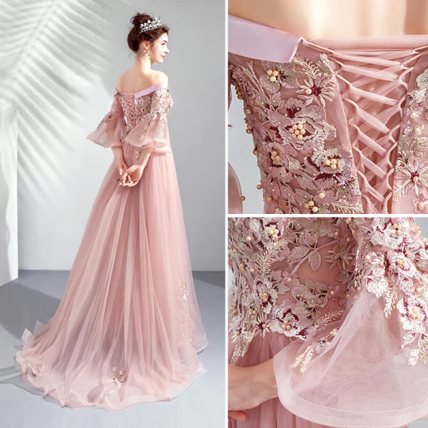 Chic Rose Bonbon Robe De Bal 2020 Princesse De l'épaule Perle Faux Diamant En Dentelle Fleur Manches de cloche Dos Nu Train De Balayage Robe De Ceremonie