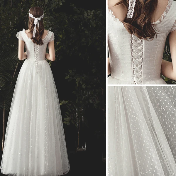 Simple Ivoire Tachetée Robe De Mariée 2020 Princesse Encolure Carrée Mancherons Dos Nu Longue