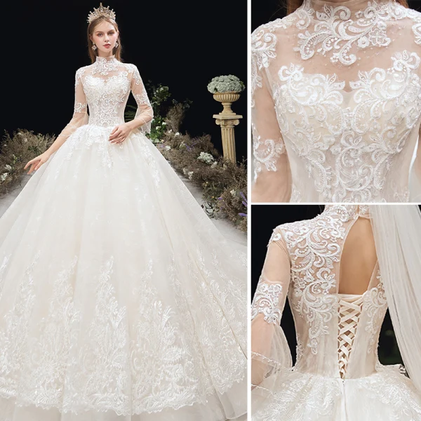 Classy Ivory Wedding Dresses 2020 Ball Gown High Neck Beading Sequins Lace Flower 3/4 Sleeve Backless Chapel Train