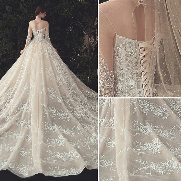 Luxury / Gorgeous Ivory Beading Wedding Dresses 2020 Ball Gown Scoop Neck Lace Flower Appliques Pearl Sequins 3/4 Sleeve Backless Cathedral Train