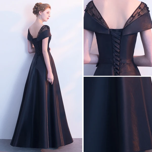 Modest / Simple Black Evening Dresses 2018 A-Line / Princess Beading Scoop Neck Backless Short Sleeve Floor-Length / Long Formal Dresses