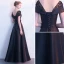 Modest / Simple Black Evening Dresses  2018 A-Line / Princess Beading Scoop Neck Backless Short Sleeve Floor-Length / Long Formal Dresses