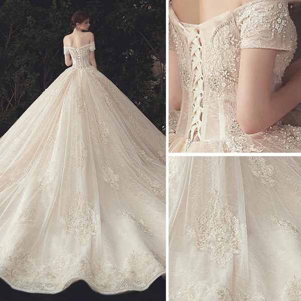 Luxury / Gorgeous Champagne Beading Wedding Dresses 2020 Ball Gown Off-The-Shoulder Sequins Lace Flower Short Sleeve Backless Royal Train