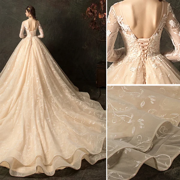 Haut de Gamme Mode Champagne Robe De Mariée 2020 Robe Boule V-Cou En Dentelle Fleur Manches Longues Dos Nu Volants en Cascade Royal Train