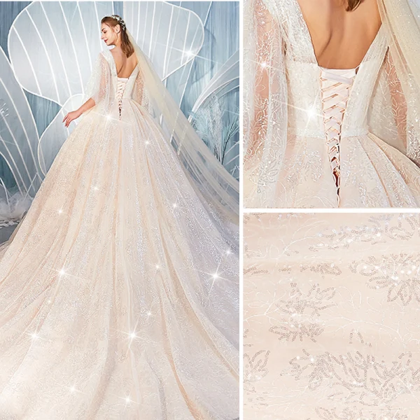 Scintillantes Champagne Paillettes Robe De Mariée 2020 Robe Boule V-Cou Perlage 1/2 Manches Dos Nu Cathedral Train
