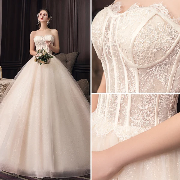 Fashion Champagne Corset Wedding Dresses 2020 Ball Gown Strapless Glitter Tulle Lace Flower Sleeveless Backless Floor-Length / Long