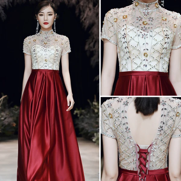 Chic Bleu Roi Robe De Soirée 2020 Princesse Col Haut Perlage Faux Diamant Paillettes Manches Courtes Dos Nu Longue Robe De Ceremonie