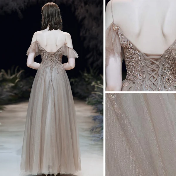 Fashion Brown Evening Dresses  2020 A-Line / Princess Spaghetti Straps Beading Rhinestone Sequins Sleeveless Backless Floor-Length / Long Formal Dresses