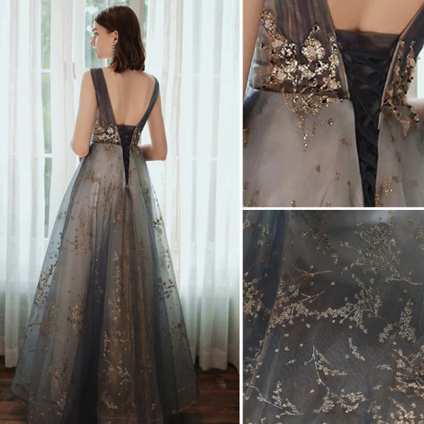 Chic / Belle Océan Bleu Robe De Bal 2020 Princesse Encolure Dégagée Perlage Glitter Paillettes En Dentelle Fleur Faux Diamant Sans Manches Dos Nu Longue Robe De Ceremonie