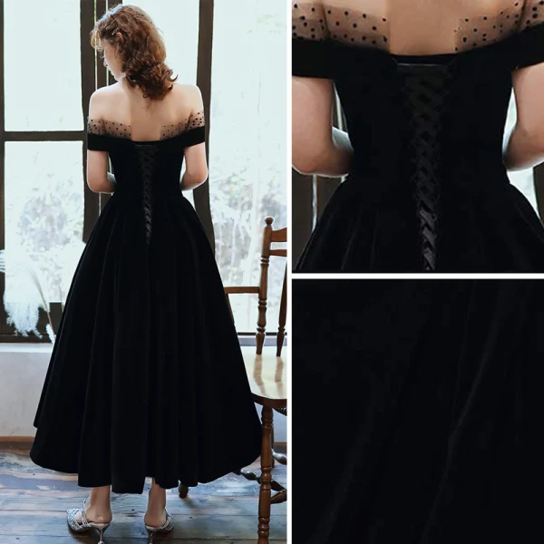 Elegant Black Prom Dresses 2020 A-Line / Princess Spotted Off-The-Shoulder Suede Sleeveless Backless Tea-length Formal Dresses