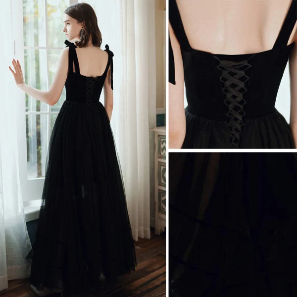 Elegant Black Prom Dresses 2020 A-Line / Princess Square Neckline Rhinestone Bow Sleeveless Backless Floor-Length / Long Formal Dresses