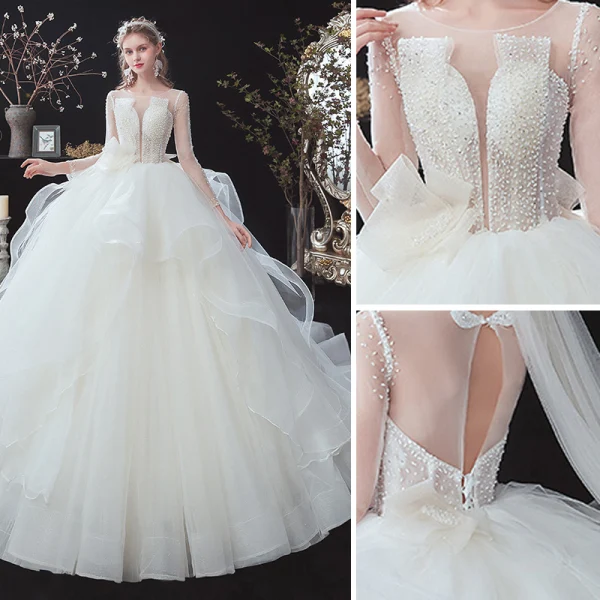 Élégant Ivoire Volants en Cascade Robe De Mariée 2020 Robe Boule Encolure Dégagée Perlage Perle Paillettes Noeud 3/4 Manches Dos Nu Cathedral Train