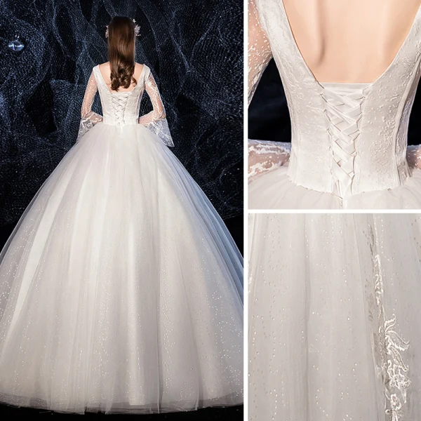 Abordable Ivoire Robe De Mariée 2020 Robe Boule Glitter Tulle Encolure Dégagée Perlage En Dentelle Fleur Manches de cloche Dos Nu Longue