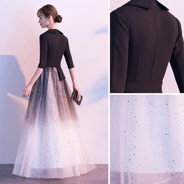 Elegant Black Evening Dresses  2020 A-Line / Princess V-Neck Star Sequins 1/2 Sleeves Backless Floor-Length / Long Formal Dresses