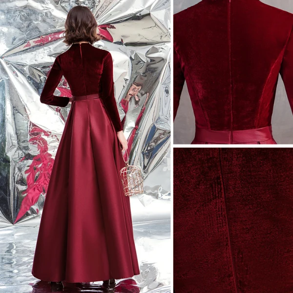 Eleganta Burgundy Mocka Balklänningar 2020 Prinsessa Hög Hals Långärmad Långa Formella Klänningar