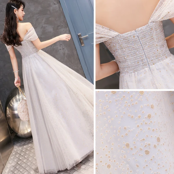 Chic / Beautiful Grape Prom Dresses 2020 A-Line / Princess Off-The-Shoulder Glitter Beading Pearl Short Sleeve Backless Floor-Length / Long Formal Dresses