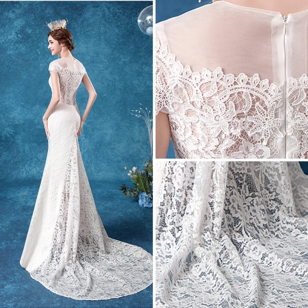 Elegant Ivory Lace Wedding Dresses 2020 Trumpet / Mermaid Scoop Neck Lace Flower Cap Sleeves Backless Sweep Train