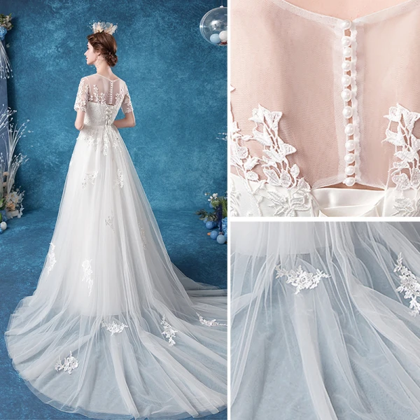 Élégant Ivoire Robe De Mariée 2020 Princesse Encolure Dégagée Faux Diamant En Dentelle Fleur Manches Courtes Tribunal Train
