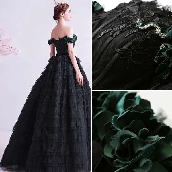 Classy Black Cascading Ruffles Prom Dresses 2020 Ball Gown Ruffle Off-The-Shoulder Rhinestone Lace Flower Sleeveless Backless Floor-Length / Long Formal Dresses