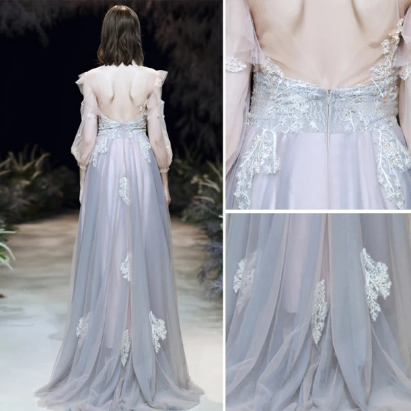 Elegante Azul Cielo Vestidos de noche 2020 A-Line / Princess Scoop Escote Perla Con Encaje Flor Apliques 3/4 Ærmer Sin Espalda Colas De Barrido Vestidos Formales