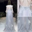 Elegante Azul Cielo Vestidos de noche 2020 A-Line / Princess Scoop Escote Perla Con Encaje Flor Apliques 3/4 Ærmer Sin Espalda Colas De Barrido Vestidos Formales