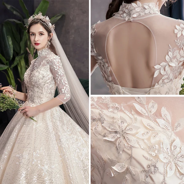 Elegant High-end Champagne Wedding Dresses 2020 Ball Gown High Neck Beading Sequins Appliques 3/4 Sleeve Backless Royal Train