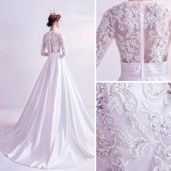 Élégant Ivoire Robe De Bal 2020 Princesse Encolure Dégagée Dentelle 3D Perlage Faux Diamant Paillettes 3/4 Manches Tribunal Train Robe De Ceremonie
