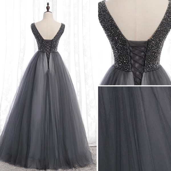 Chic / Beautiful Grey Prom Dresses 2020 A-Line / Princess V-Neck Beading Crystal Sleeveless Backless Floor-Length / Long Formal Dresses