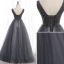 Chic / Beautiful Grey Prom Dresses 2020 A-Line / Princess V-Neck Beading Crystal Sleeveless Backless Floor-Length / Long Formal Dresses