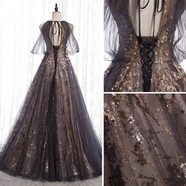 Charming Black Gold Glitter Prom Dresses 2020 A-Line / Princess Scoop Neck Beading Crystal Sequins Sleeveless Backless Floor-Length / Long Formal Dresses