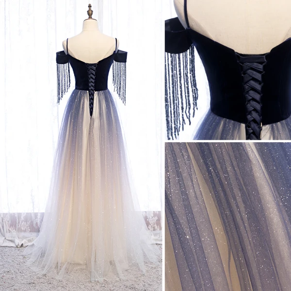 Charmant Bleu Marine Dégradé De Couleur Glitter Robe De Soirée 2020 Princesse Daim Bretelles Spaghetti Perlage Gland Manches Courtes Dos Nu Longue Robe De Ceremonie