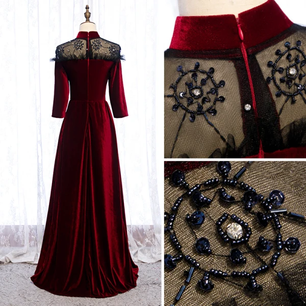 Elegant Burgundy Evening Dresses 2020 A-Line / Princess Suede High Neck Beading Rhinestone 3/4 Sleeve Floor-Length / Long Formal Dresses