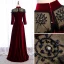 Elegant Burgundy Evening Dresses  2020 A-Line / Princess Suede High Neck Beading Rhinestone 3/4 Sleeve Floor-Length / Long Formal Dresses