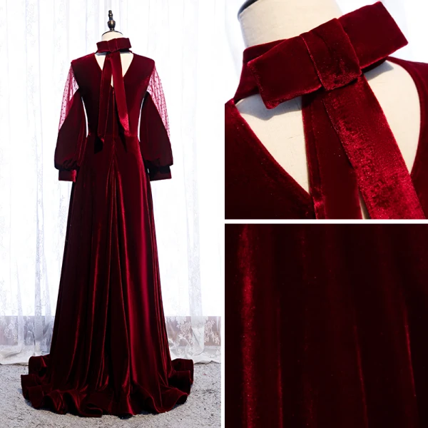Élégant Bordeaux Robe De Soirée 2020 Princesse Daim Col Haut Manches Longues Dos Nu Noeud Train De Balayage Robe De Ceremonie