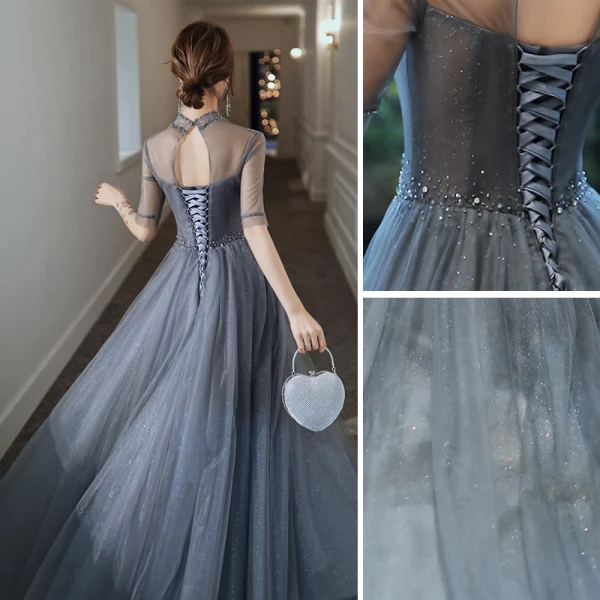 Charmant Gris Robe De Soirée 2020 Princesse Glitter Tulle Col Haut Perlage Faux Diamant 1/2 Manches Dos Nu Longue Robe De Ceremonie