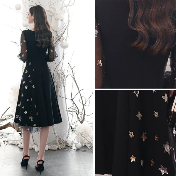 Fashion Black Homecoming Graduation Dresses 2020 A-Line / Princess Star Sequins Square Neckline Long Sleeve Tea-length Formal Dresses