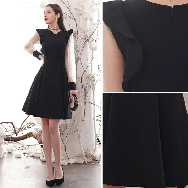 Modest / Simple Black Homecoming Graduation Dresses 2020 A-Line / Princess V-Neck Long Sleeve Knee-Length Formal Dresses