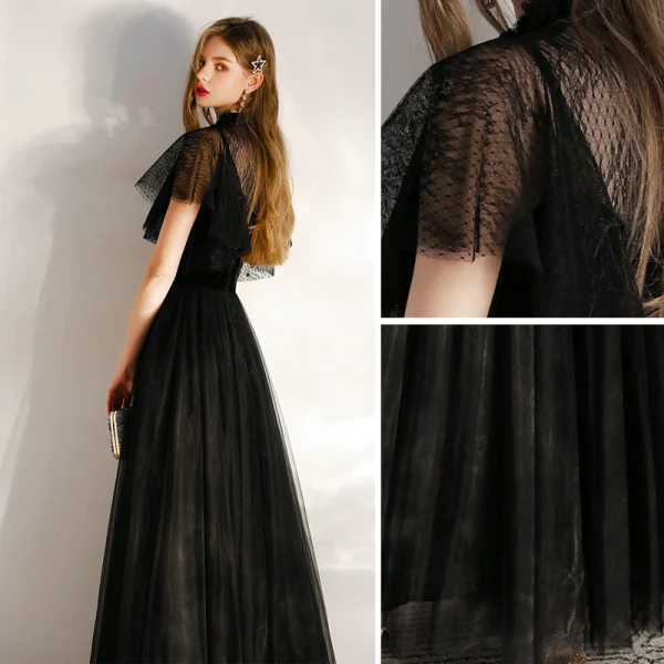 Chic / Beautiful Black Evening Dresses  2020 A-Line / Princess Suede High Neck Short Sleeve Floor-Length / Long Formal Dresses